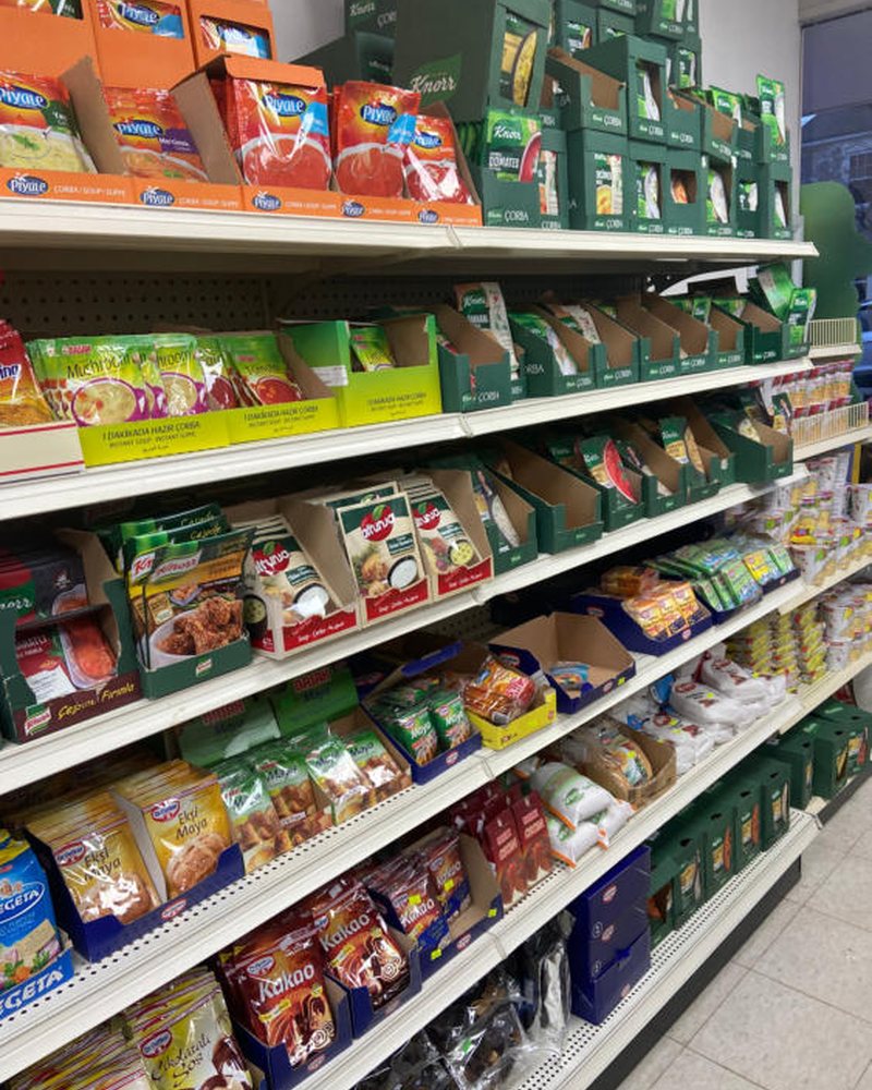 Pantry aisle with bulgur, rice, legumes and pasta